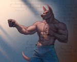 abs anthro biceps bottomwear brick_wall brown_body clothed clothing ears_up fighting_pose fist hairless male muscular muscular_anthro muscular_male navel nipples pants pants_only pecs pose raised_arm raised_fist raised_hand simple_background snout solo standing tail topless vein veiny_muscles wall_(structure) edvardiko canid canine canis dobermann domestic_dog hairless_dog mammal pinscher primitive_dog xoloitzcuintli absurd_res digital_media_(artwork) hi_res