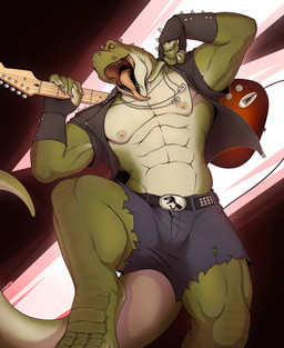 abs abstract_background alternative_fashion anthro areola belt biceps bottomwear bracelet bulge claws clothed clothing concert denim denim_bottomwear denim_clothing denim_shorts dog_tags electric_guitar fingerless_gloves gloves green_body green_scales guitar handwear holding_guitar holding_musical_instrument holding_object jacket jewelry leather leather_clothing leather_jacket leather_topwear looking_at_viewer male manly metal metalhead muscular muscular_male musical_instrument nipples open_clothing open_jacket open_mouth open_topwear pecs performance plucked_string_instrument pose rocking_out scales shorts solo spiked_bracelet spikes step_pose string_instrument tail tongue tongue_out topwear corrsk rocco_(tallion) dinosaur prehistoric_species reptile scalie theropod tyrannosaurid tyrannosauroid tyrannosaurus tyrannosaurus_rex 2025 hi_res