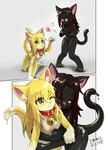 after_transformation bell bell_collar black_body collar duo female hug yellow_body shizumi_tsubasa felid feline goo_creature mammal 2022 absurd_res comic hi_res