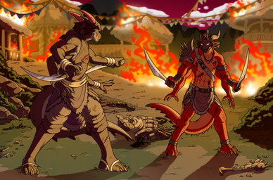 3_toes 4_arms anthro blade blood bodily_fluids burning duo feet fight fire holding_blade holding_melee_weapon holding_object holding_weapon machine male male/male melee_weapon multi_arm multi_limb toes tribal village weapon wounded zimakum lizard reptile robot scalie detailed hi_res