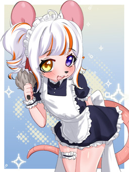 animal_ears anthro biped blush clothing eyelashes female glistening glistening_body hair heterochromia legband maid_uniform multicolored_hair open_mouth pupils purple_eyes simple_background smile solo tail thick_thighs thighband uniform white_hair yellow_eyes young young_anthro young_female aoizuri mammal mouse murid murine rodent 3:4 hi_res