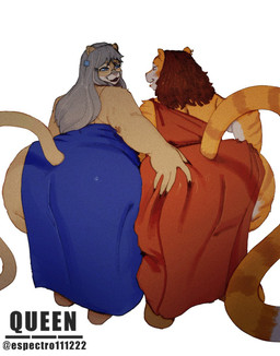 anthro bent_over big_butt black_lips blue_clothing blue_dress blue_eyes brown_hair butt butt_grab cellulite clothing dreadlocks dress duo elderly elderly_anthro elderly_female female female/female furgonomic_dress glass grey_hair hair hand_on_butt hip_to_hip huge_butt lips mature_female overweight overweight_anthro overweight_female red_clothing red_dress thick_thighs espectro111222 catherine_(noeticred) tylann_vanderbilt_(tallordeer) cougar felid feline mammal pantherine tiger hi_res