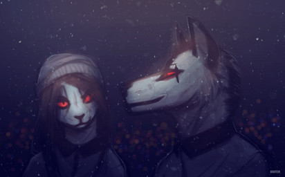 anthro black_nose brown_hair clothed clothing duo female fur grey_clothing grey_hat grey_headwear grey_jacket grey_topwear hair hat headgear headwear jacket male mouth_closed no_sclera red_eyes simple_background text topwear white_body white_fur unknowhiter canid felid mammal 2015 artist_name