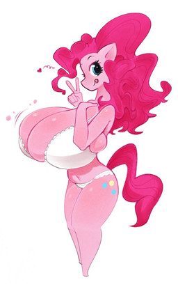 anthro big_breasts blue_eyes bra breasts bulging_breasts clothing eyelashes female fur gesture glistening glistening_body hair hand_gesture huge_breasts long_hair looking_at_viewer monotone_body monotone_fur motion_lines navel panties pink_body pink_fur pink_hair simple_background solo standing tail thick_thighs underwear v_sign white_background white_bra white_clothing white_panties white_underwear tideripples friendship_is_magic hasbro my_little_pony pinkie_pie_(mlp) equid equine horse mammal pony