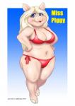 anthro bikini blonde_hair clothing female hair hooves midriff solo swimwear text two-piece_swimsuit neko_no_hito muppets the_muppet_show miss_piggy domestic_pig mammal suid suina sus_(pig) 2017 english_text hi_res