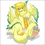 feathered_wings feathers female genitals pussy simple_background solo tail white_background wings flucra mana_(series) secret_of_mana square_enix flammie mana_dragon 1:1 censored mosaic_censorship