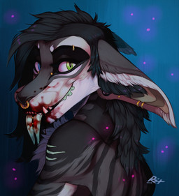 ambiguous_gender anthro black_body black_fur black_hair blood blood_on_face blood_on_teeth blue_background blue_eyes bodily_fluids bridge_piercing ear_piercing ear_ring ear_stud ears_back eyebrow_piercing eyebrow_ring facial_piercing fur gauged_ear green_eyes grey_body grey_fur hair heterochromia nose_piercing nose_ring nude piercing pivoted_ears ring_piercing septum_piercing septum_ring sharp_teeth simple_background smile solo striped_arms teeth tongue tongue_piercing white_body white_fur riorix species_request 2017 bust_portrait dated hi_res portrait