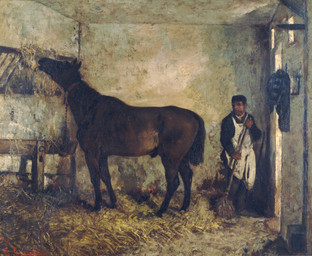 animal_genitalia apron biped bound broom brown_body cleaning_tool clothed clothed_human clothed_male clothing detailed_background doorway duo eating feral fully_sheathed genitals hair hay holding_broom holding_cleaning_tool holding_object hooves humanoid_hands inside leash male male_feral male_human painterly quadruped sheath stable standing tail unguligrade gustave_courbet public_domain equid equine horse human mammal 1873 19th_century ancient_art hi_res oil_painting_(artwork) painting_(artwork) signature traditional_media_(artwork) traditional_painting_(artwork)