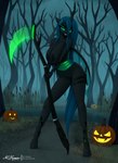 anthro anthrofied areola big_breasts black_areola black_nipples blue_hair breast_squish breasts cattail_(plant) clothed clothing energy_scythe energy_weapon female food fruit glowing glowing_eyes green_eyes green_lips hair holding_object hole_(anatomy) holidays horn insect_wings jack-o'-lantern lips lipstick looking_at_viewer makeup melee_weapon nipples nude outdoor_nudity outside plant polearm pumpkin scythe smile solo squish swamp text water weapon wings clearvision friendship_is_magic halloween hasbro my_little_pony queen_chrysalis_(mlp) arthropod changeling absurd_res hi_res url