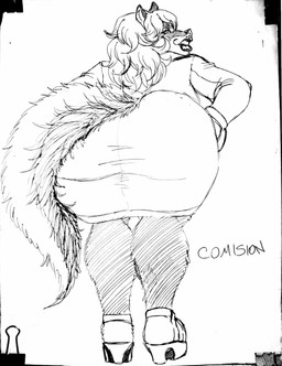 anthro bent_over big_breasts big_butt breasts butt clothed clothing curly_hair dress eyelashes female fluffy fluffy_tail footwear fuzzy hair high_heels jacket long_hair looking_at_viewer looking_back mature_female pose presenting presenting_hindquarters shoes short_dress slightly_chubby slightly_chubby_female smile solo tail thick_thighs topwear erus-art transam_(character) canid canine canis mammal wolf hi_res monochrome pinup sketch traditional_media_(artwork)