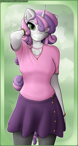 aged_up anthro arm_tuft bottomwear breasts chest_tuft clothing cuff_(restraint) ear_piercing elbow_tuft female fluffy glowing glowing_eyes hand_behind_head horn jewelry lipstick makeup markings necklace piercing restraints skirt solo spots spotted_body sweater topwear tuft wrist_cuffs killerqueen1911 friendship_is_magic hasbro my_little_pony mythology sweetie_belle_(mlp) equid equine mammal mythological_creature mythological_equine unicorn absurd_res hi_res