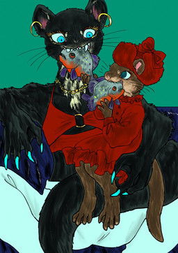 anthro bikini black_body black_fur blue_eyes brown_body claws clothed clothing dress duo ear_piercing ear_ring feet female feral fur hat headgear headwear jewelry membrane_(anatomy) nails necklace piercing ring_piercing sitting size_difference swimwear teeth toes two-piece_swimsuit underwear webbed_feet webbed_hands whiskers kyokyota aquatic fish giant_otter mammal mustelid musteline otter river_otter 2021 absurd_res hi_res
