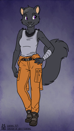 anthro arm_wraps biped black_body black_clothing black_footwear black_fur black_nose blue_eyes bottomwear clothed clothing eyebrows female fluffy fluffy_tail footwear front_view fur hand_on_hip hand_on_own_hip head_tuft jumpsuit looking_aside orange_bottomwear orange_clothing orange_pants pants shirt simple_background solo standing tail tank_top teeth topwear tuft wraps lichfang mammal rodent sciurid tree_squirrel 2025 9:16 hi_res