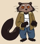 2023 anthro binturong biped black_eyes brown_body brown_fur clothing fur ganii jacket looking_at_viewer male mammal orange_sclera slim_anthro slim_male solo standing topwear viverrid yellow_clothing yellow_jacket_(clothing) yellow_topwear