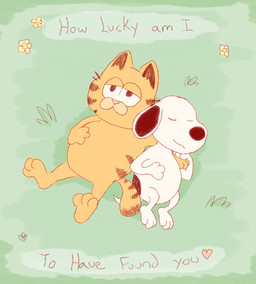 anthro arm_around_shoulders cuddling duo featureless_crotch floppy_ears flower fur grass heart_symbol lying lying_on_grass male male/male nude on_back on_grass on_ground orange_body orange_fur plant tail text whiskers white_body white_fur sebdoggo garfield_(series) peanuts_(comic) garfield_the_cat snoopy beagle canid canine canis domestic_cat domestic_dog felid feline felis hunting_dog mammal scent_hound 2025 digital_drawing_(artwork) digital_media_(artwork) english_text flat_colors handwritten_text hi_res procreate_(artwork)