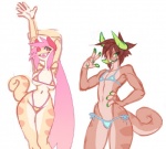 anthro bikini bikini_bottom bikini_top breasts brown_body brown_hair brown_scales clothed clothing crossdressing curled_tail duo female hair horn looking_at_viewer male micro_bikini non-mammal_breasts open_mouth orange_body orange_scales pink_hair scales smile standing swimwear tail tan_body tan_scales two-piece_swimsuit wide_hips yellow_body yellow_scales ground-lion clair_(seel_kaiser) pom_(seel_kaiser) chameleon chimereon jackson's_chameleon lizard reptile scalie sketch nonbinary_(lore)