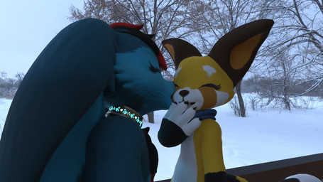 3_fingers black_hair black_nose blue_body blue_fur bracelet chest_tuft claws collar collar_only countershade_face countershade_torso countershading covering covering_mouth detailed_background dipstick_hair duo ears_down eclipse eyelashes female fingers fur gem giggle glowing hair happy jewelry kissing male male/female markings mostly_nude multicolored_hair navel neckwear neckwear_only nude outside pivoted_ears red_hair scarf scarf_only smile snow tuft two_tone_hair winter wigwoo1 nova_(wigwoo1) ailurid hobkin mammal red_panda 16:9 3d_(artwork) digital_media_(artwork) hi_res widescreen