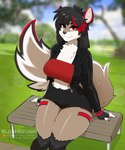 anthro arms_by_side bench big_breasts big_butt big_tail black_body black_fur black_hair bottomwear breasts brown_body brown_fur butt cheek_tuft clothing colored_nails crop_top facial_tuft fangs female fluffy fluffy_chest fluffy_ears fur glistening glistening_body glistening_clothing glistening_eyes glistening_skin grass hair happy jacket leather leather_clothing leather_jacket leather_topwear leg_markings looking_at_viewer markings multicolored_body multicolored_fur nails neck_tuft outside park park_bench plant raised_tail red_body red_eyes red_fur red_hair_tips shirt shorts sitting smile solo squish tail tail_motion teeth thick_thighs thigh_markings thigh_squish topwear tree tuft white_body white_fur wide_hips blushbrush keira_niobe canid canine fox mammal 5:6 absurd_res hi_res