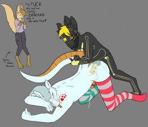 anal anal_penetration anthro black_body black_fur blonde_hair blue_body blue_fur blush blush_lines bodily_fluids clothing cuckquean cum cum_in_ass cum_inside female fur genital_fluids genitals group hair internal legwear machine male male/male multicolored_eyes penetration penile penis prostate sex sex_toy tail tail_grab tan_body tan_fur thigh_highs tongue tongue_out trio vibrator vibrator_on_penis x-ray_view yaveton mythology kona_biralla osko_(yaveton) canid canine dragon fennec_fox fox mammal mythological_creature mythological_scalie protogen scalie true_fox wingless_dragon hi_res