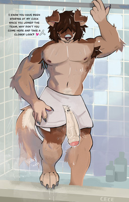 4_toes 5_fingers anthro arm_tuft armpit_hair balls bathing big_penis bodily_fluids body_hair brown_body brown_fur brown_hair claws dialogue dripping elbow_tuft feet finger_claws fingerpads fingers flaccid floppy_ears foreskin front_view fur genital_fluids genitals glans hair hair_over_eyes heart_symbol humanoid_genitalia humanoid_penis inviting male male_anthro muscular muscular_anthro muscular_male nipples partial_speech_bubble partially_retracted_foreskin pawpads pecs penis pink_glans precum precum_drip pubes seductive shower showering solo speech_bubble standing tail tail_motion tailwag talking_to_viewer text toe_claws toes towel towel_around_waist towel_only tuft vein veiny_penis water wet white_pubes hornyyawnss sam_hansen canid canine canis domestic_dog mammal 2024 absurd_res artist_name digital_media_(artwork) english_text hi_res