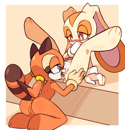 anal anthro anus bedroom_eyes blue_eyes blush blushing_profusely brown_ears butt covering covering_mouth dominant dominant_young duo female female/female fur genitals hand_on_butt legs_up long_ears looking_at_another looking_down looking_up multicolored_ears narrowed_eyes nude oral orange_body orange_eyelids orange_eyes rimming seductive sex simple_background sitting spread_legs spreading submissive submissive_young tan_body tan_fur two_tone_ears two_tone_tail vulva young young_anthro young_female young_on_young bunirona sega sonic_the_hedgehog_(series) cream_the_rabbit marine_the_raccoon lagomorph leporid mammal procyonid rabbit raccoon hi_res