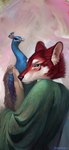 ambiguous_gender anthro beak black_nose clothed clothing duo feathered_wings feathers female fur red_body red_fur white_body white_fur wings ariesredlo avian bird canid canine canis galliform indian_peafowl mammal peafowl phasianid red_wolf wolf digital_media_(artwork) hi_res