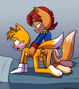 2_tails all_fours anal anal_penetration anthro balls bed blue_eyes blush brown_body butt clothing doggystyle duo erection from_behind_position fur furniture genitals gloves gloves_only hair half-closed_eyes handwear handwear_only humanoid_genitalia humanoid_penis male male/male male_penetrated male_penetrating male_penetrating_male mostly_nude multi_tail narrowed_eyes on_bed open_mouth penetration penile penile_penetration penis red_hair sex simple_background smile tail teeth topwear miguel_layme archie_comics sega sonic_the_hedgehog_(archie) sonic_the_hedgehog_(comics) sonic_the_hedgehog_(series) elias_acorn miles_prower canid canine chipmunk fox ground_squirrel mammal rodent sciurid digital_media_(artwork) hi_res