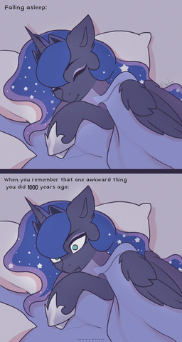 awake awkward bed bedding blanket blue_body blue_eyes blue_tail clothing crown female feral footwear furniture headgear horn pillow shoes solo tail text tiara wings nnalyart friendship_is_magic hasbro my_little_pony mythology princess_luna_(mlp) equid equine mammal mythological_creature mythological_equine winged_unicorn absurd_res comic english_text hi_res