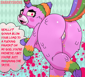 blush butt dialogue eyelashes female feral fur genitals hooves horn insult insulting_viewer looking_at_viewer open_mouth pinata pink_body pink_fur profanity red_eyes solo speech_bubble talking_to_viewer teasing text vulva sharkysocks mythology scp_foundation scp-956 animate_inanimate equid equine living_pinata mammal mythological_creature mythological_equine unicorn 2019 digital_media_(artwork) english_text watermark