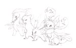 action_scene ambiguous_gender anthro bone claws fangs feral grin group simple_background skull skull_head smile teeth white_background aishasoup nintendo pokemon healer_(straviios) sai_(sylveon) sivera_(zigzagoon) bayleef eeveelution generation_2_pokemon generation_3_pokemon generation_6_pokemon pokemon_(species) sylveon typhlosion zigzagoon monochrome sketch