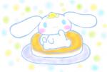 :3 anthro beady_eyes blue_eyes blush butter chibi chibifur dairy_products dotted_background food food_on_head fur long_ears looking_at_viewer male pancake pattern_background simple_background sitting_on_food solo white_body white_fur annyui0611 cinnamoroll sanrio cinnamon_(cinnamoroll) canid canine canis domestic_dog mammal