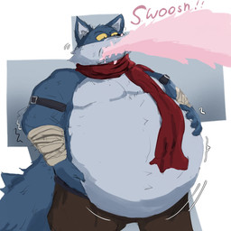 anthro belly belly_inflation big_belly blue_body blue_fur fur hand_on_belly inflation male male_pred muscular muscular_male scarf slime solo vore yellow_eyes nationfox dragon_ball dragon_ball_super dragon_ball_z bergamo majin_buu canid canine canis mammal wolf 1:1 digital_media_(artwork) hi_res