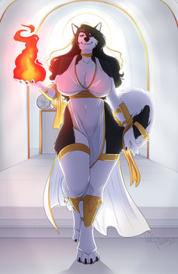 4_toes 5_fingers anthro black_body black_fur black_nose breasts clothed clothing digitigrade eyebrows eyelashes feet female fingers fire fur looking_at_viewer purple_eyes smile solo toes white_body white_fur redpixie canid canine canis domestic_dog husky mammal nordic_sled_dog spitz 2020 absurd_res digital_media_(artwork) hi_res