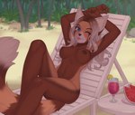 ailurid anthro beach beach_chair beverage blue_eyes breasts brown_body brown_fur casual_nudity cristalavi exposed_breasts female female_anthro food fruit fur hair hands_behind_head looking_at_viewer mammal melon navel nipples nude one_eye_closed plant red_panda rupey seaside solo tongue tongue_out tropical under_shade watermelon watermelon_slice white_body white_fur white_hair wink winking_at_viewer