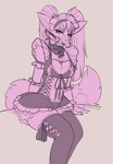 anthro armband biped bit_gag bow_accessory breasts cleavage clothed clothing corset female female_anthro gag legwear lingerie looking_at_viewer maid_uniform pigtails simple_background solo tail thigh_highs topwear uniform kiit0s trixie_(purplelemons) canid canine fox mammal hi_res monochrome