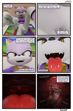 anthro anthro_pred bodily_fluids clothed clothing dialogue digestion duo extreme_size_difference female female_pred female_prey first_person_view forced fully_inside fur internal looking_at_viewer micro mouth_shot onomatopoeia open_mouth oral_vore prey_pov purple_body purple_fur size_difference sound_effects speech_bubble swallowing tail talking_to_viewer teeth text throat tongue tongue_out uvula vore white_body white_fur yellow_eyes feetymcfoot sega sonic_the_hedgehog_(series) blaze_the_cat canid canine canis domestic_cat eulipotyphlan felid feline felis mammal mouse murid murine rodent 3d_(artwork) absurd_res comic digital_media_(artwork) english_text hi_res