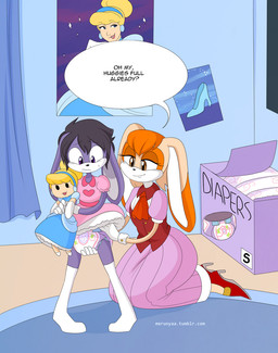 bite biting_lip bottomwear box brown_eyes clothing container curtains diaper diaper_box dress duo female footwear fur hair high_heels hypnotic_eyes kerchief long_socks male male/female neckerchief neckwear orange_body orange_fur orange_hair purple_body purple_fur rug shoes skirt tan_body tan_fur topwear vest merunyaa sega sonic_the_hedgehog_(series) cinderella_(disney) cream_the_rabbit lagomorph leporid mammal rabbit hi_res