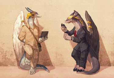 anthro aviator_cap barefoot blonde_hair brick_wall business_suit claws clock clothed clothing computer container cup duo electronics eyewear feathered_wings feathers feet furgonomic_piercing furgonomics glasses goggles hair holding_object laptop male mug necktie partially_clothed phone piercing suit tail thick_tail toe_claws topwear wall_(structure) watch wing_piercing wings wristwatch flookz legendz mythology ranshiin shiron dragon mythological_creature mythological_scalie scalie windragon