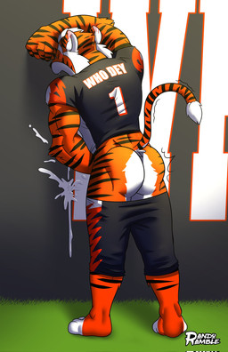 american_football american_football_uniform anthro aroused aroused_face aroused_male back_muscles barefoot biceps big_butt blush blush_lines bodily_fluids bottomwear bottomwear_down bottomwear_pull butt butt_clench clothed clothing clothing_pull cum cum_drip cum_on_wall cum_splatter cumshot dripping ejaculation eyes_closed feet fist football_field football_jersey football_pants football_player fur genital_fluids jock leaning_on_wall male manly markings mascot masturbation multicolored_body multicolored_fur muscular muscular_anthro muscular_male open_mouth orange_body orange_fur pants pants_down pants_pull partially_clothed penile penile_masturbation public_masturbation rear_view solo sport striped_body striped_fur striped_markings striped_tail stripes tail tail_markings thick_arms two_tone_body two_tone_fur vibrating white_body white_fur randoramble cincinnati_bengals nfl who-dey_(cincinnati_bengals) bengal_tiger felid feline mammal pantherine tiger hi_res