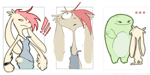 3_panel_comic ambiguous_gender anthro countershade_torso countershading duo ellipsis exclamation_point female female_anthro floppy_ears fur green_body green_skin hair hair_over_eye long_ears looking_aside looking_down looking_down_at_another looking_up looking_up_at_another lop_ears narrowed_eyes red_eyes red_hair simple_background smile standing tan_body tan_ears tan_fur white_background white_sclera stingercorps bibido_(stingerwanjiro) frang_(stingerwanjiro) amphibian frog lagomorph leporid mammal rabbit 2021 comic digital_media_(artwork)