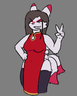 2_tails anthro asian_clothing black_clothing black_legwear black_thigh_highs blush blush_lines breasts brown_hair chinese_clothing chinese_dress clothing dress east_asian_clothing eyes_closed female fur gesture grey_background grin hair hand_gesture hands_on_hips happy legwear multi_tail open_mouth open_smile red_clothing red_dress simple_background slit_dress smile solo squinted_eyes standing tail thigh_highs three-quarter_view toony toothy_grin v_sign white_body white_fur lukaru hikaru_kitagawa canid canine fox mammal 2026 4:5 colored_line_art digital_media_(artwork) portrait