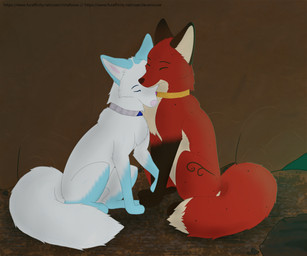 animal_genitalia balls cave collar cuddling duo eyes_closed female feral fully_sheathed fur genitals male male/female red_body red_fur rock romantic romantic_couple sheath smile white_body white_fur ninafoxxo bruma_(ninafoxxo) sebille_(lavamouse) arctic_fox canid canine fox mammal red_fox true_fox 6:5 hi_res
