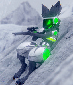 anthro armor biped body_hair breastplate c.a.m. chest_fur chest_hair chest_tuft chrome chrome_body cybernetics digitigrade fingers fluffy fluffy_ears fluffy_hair fur glistening glistening_body glowing glowing_body glowing_eyes green_body green_eyes grey_body grey_fur grey_hair gun hair holding_object holding_weapon lever_action_rifle machine male marlin_model_336 metal metallic_body military mountain neck_tuft protogen_armor protogen_face protogen_visor protogenized ranged_weapon rifle robotic screen screen_face sliding smile snow soldier solo special_forces tuft warrior weapon malikproto nukude_(modeler) yuri_chacal canid canine canis jackal mammal protogen 3d_(artwork) absurd_res digital_media_(artwork) hi_res