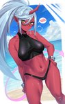 2022 beach blue_hair bodily_fluids breasts demon eyewear female glasses hair halter_top hi_res horn humanoid humanoid_pointy_ears kneesocks_daemon moisture_(chichi) not_furry panty_and_stocking_with_garterbelt ponytail red_body red_skin seaside solo sweat
