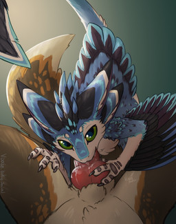 3_fingers 4_ears ambiguous_gender animal_genitalia animal_penis anthro anthro_on_anthro anthro_penetrated balls blue_body blue_fur bodily_fluids brown_body brown_fur canine_genitalia canine_penis claws countershading duo erection feathered_tail feathered_wings feathers fellatio finger_claws fingers first_person_view fur genitals green_sclera hand_on_knot high-angle_view holding_another's_knot holding_another's_penis holding_knot holding_penis knot knotted_penis looking_at_viewer male male/ambiguous male_pov multi_ear nude nude_anthro oral penetrating_pov penetration penile penis penis_grab red_penis saliva saliva_on_penis scuted_hands scutes sex sheath tail tail_feathers wings thyvixie ardden_(ardeo) taluki_(vixie) avali canid canine canis mammal wolf digital_media_(artwork) hi_res