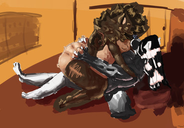 bed bedroom big_butt black_hair brown_body brown_fur butt butt_grab curled_tail door duo fluffy fur furniture hair hand_on_butt hidden_eyes holding_another inside kissing long_hair love lying male male/male mane nude on_back on_lap pecs romantic simple_background tail tan_body tan_fur window river_shepherd clayton_(river_shepherd) jesse_(river_shepherd) hi_res