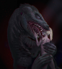 ambiguous_gender black_body black_scales blonde_hair bodily_fluids butt duo fangs female feral hair licking licking_another mouth_closed narrowed_eyes nude open_mouth red_tongue saliva saliva_on_arms saliva_on_tongue saliva_string scales sharp_teeth simple_background teeth tongue tongue_out unsigned himeragoldtail human mammal monster 2017 hi_res
