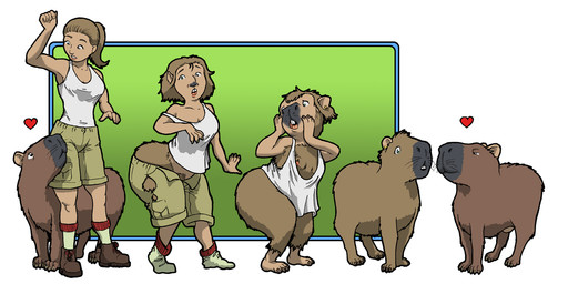 ambiguous_gender boots bottomwear breasts brown_body brown_fur brown_hair buckteeth clothing duo female feral footwear fur growth hair heart_symbol human_to_feral nude open_mouth ponytail shirt shoes short_hair shorts shrinking simple_background size_transformation smile socks species_transformation standing surprised tank_top teeth topwear transformation transformation_sequence whisker_growth whiskers anymouse1968 capybara caviid human mammal rodent 2017 2:1 sequence