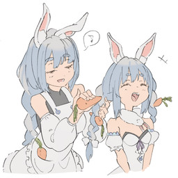 accessory anime_style apron armwear bent_ears big_breasts blue_hair braided_hair breasts clothed clothing dress dressing_another duo ear_tuft emanata eyebrows eyes_closed female hair hair_accessory happy multicolored_hair musical_note musical_symbol neckwear open_mouth pigtails pockets rabbit_ears simple_background small_breasts strapon symbol thick_eyebrows tuft twin_braids white_background white_clothing white_dress white_hair bennopi hololive vtuber pekomama usada_pekora animal_humanoid humanoid lagomorph lagomorph_humanoid leporid_humanoid mammal mammal_humanoid rabbit_humanoid 1:1 2021 hi_res daughter_(lore) mother_(lore) mother_and_child_(lore) mother_and_daughter_(lore) parent_(lore) parent_and_child_(lore) parent_and_daughter_(lore)