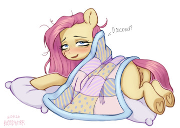 bed bed_sheet bedding bedhead blue_eyes blush female feral furniture genitals hair hooves humanoid_genitalia humanoid_vulva implied_discord_(mlp) looking_at_viewer looking_back looking_up nude pillow pink_hair pink_tail simple_background smile smiling_at_viewer solo solo_focus speech_bubble tail tired vulva waking_up white_background wings yellow_body bloodymrr friendship_is_magic hasbro mlp_g4 my_little_pony mythology fluttershy_(mlp) equid equine mammal mythological_creature mythological_equine pegasus full-length_portrait hi_res portrait